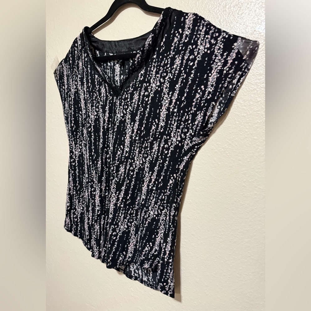Midnight Black Gray Abstract Print Modal Stretch Top Lace Neck Medium - Picture 3 of 4